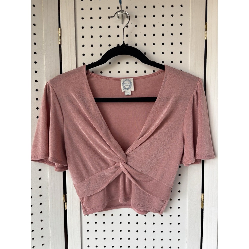 Blue Rain Cropped Knot Tie Front Flutter Short SLV Pink V-Neck Top‎ Blouse Small